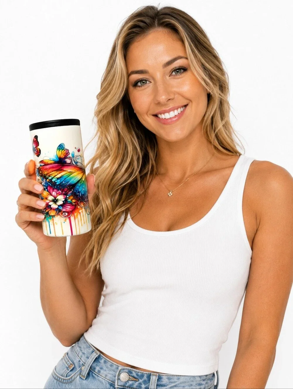 Handmade Butterfly 12oz Slim Duozie Tumbler Can Cooler with Extra Lid New